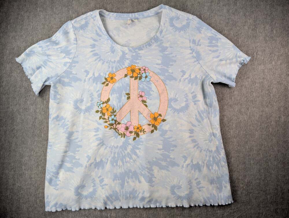 Cato Plus Size Blue Tie Dye Floral Peace Sign Waffle Knit Top 22/24W